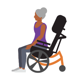 Woman in purple shirt sitting in orange Broda pedal wheelchair