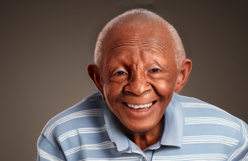 Elderly dark skinned man with blue and white striped polo shirt