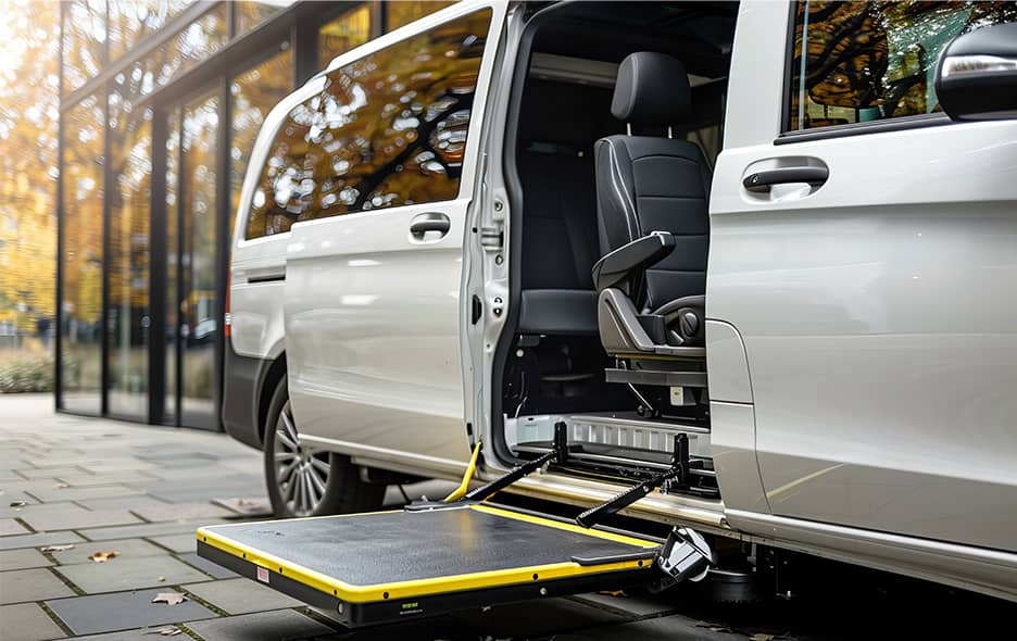 Wheelchair accessible lift on the side of a white van