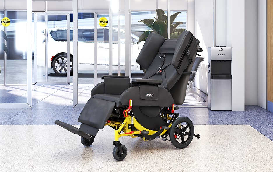 An empty Traversa Wheelchair in a lobby